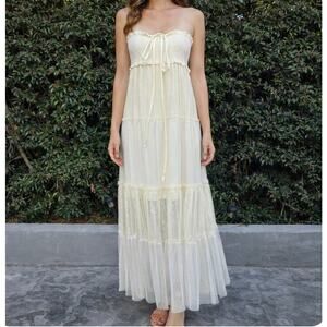 A’reve Ivory Mesh Boho Maxi Dress Bandeau Sheer Women’s Small